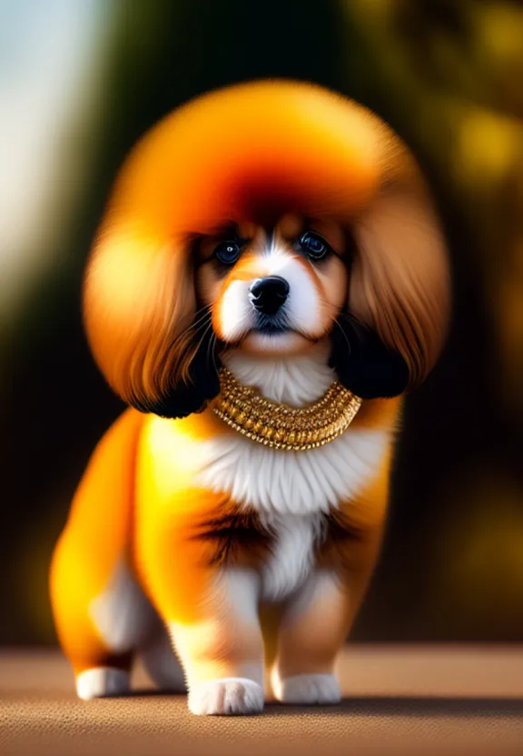 a brown and white dog wearing a gold collar