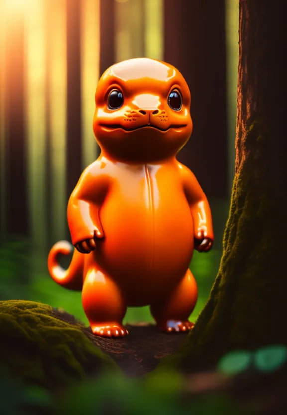 a small orange toy standing next to a tree