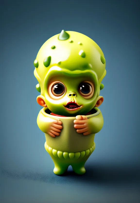 a green toy with big eyes holding a bowl