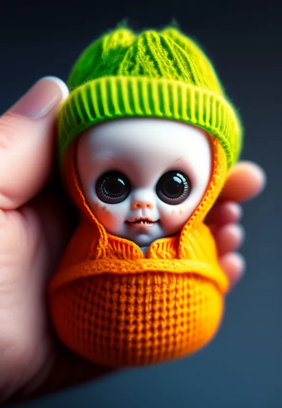a hand holding a small doll wearing a green hat