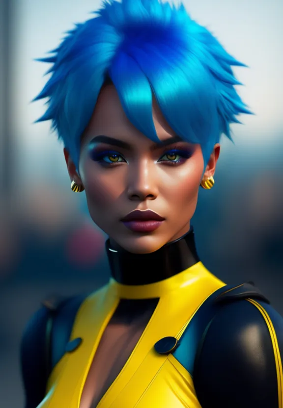 a woman with blue hair wearing a yellow and black outfit
