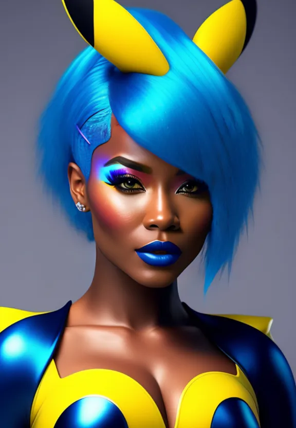 a woman with blue and yellow hair wearing a costume