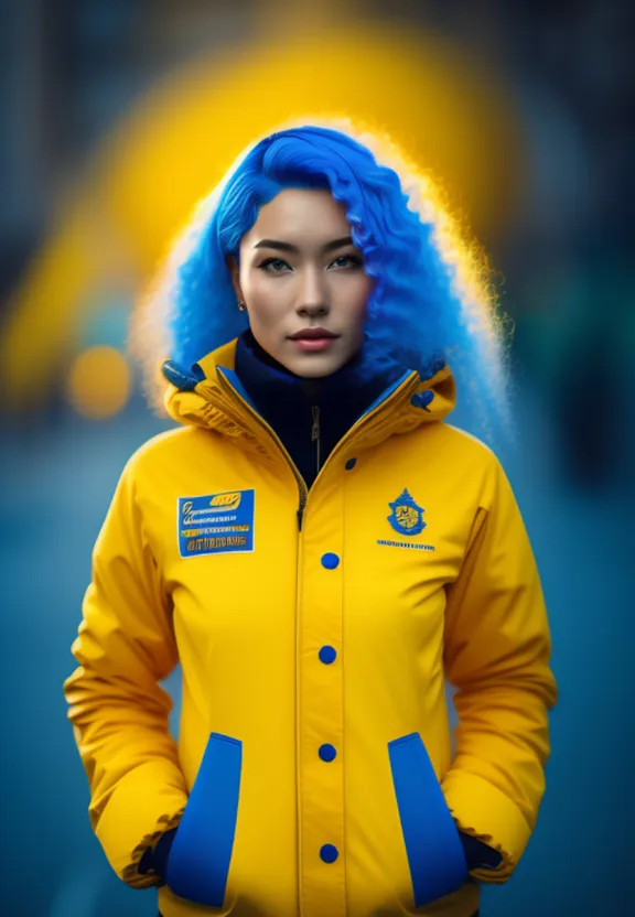 a woman with blue hair wearing a yellow jacket