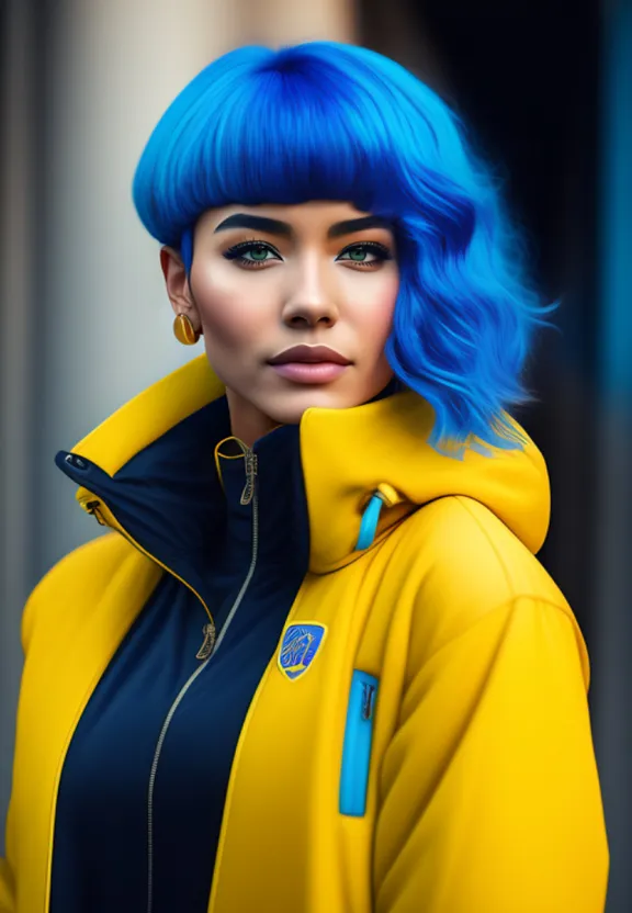 a woman with blue hair wearing a yellow jacket