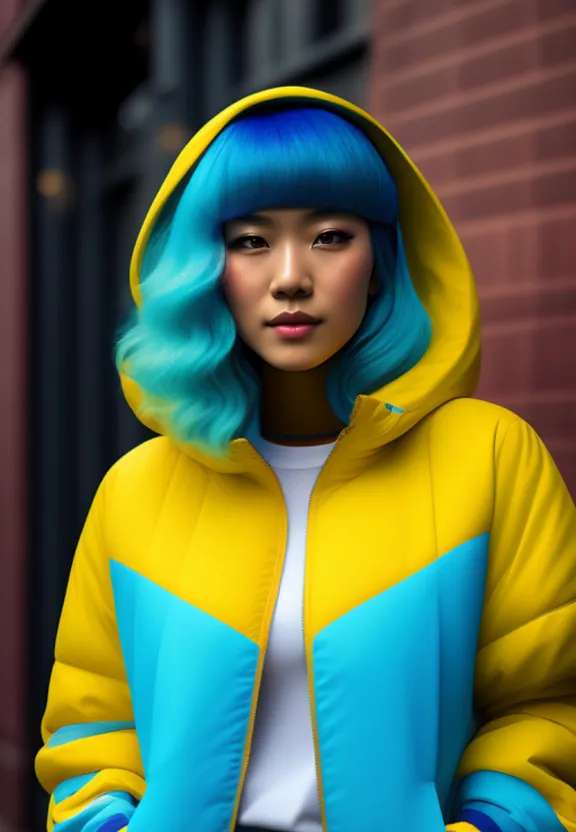 a woman with blue hair wearing a yellow and blue jacket