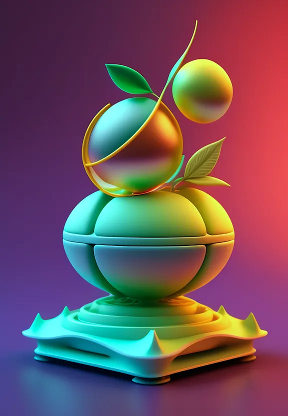 a colorful object with a green leaf on top of it