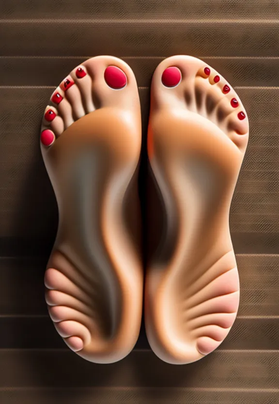 a close up of a person's feet with red nails