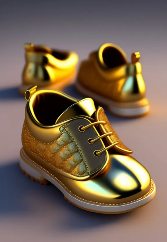 a pair of shiny gold shoes sitting on top of a table