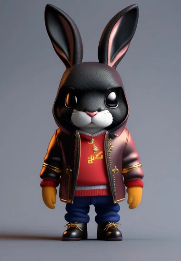 a black and white rabbit wearing a red jacket