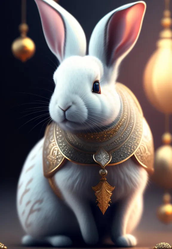 a white rabbit wearing a gold collar and a golden necklace