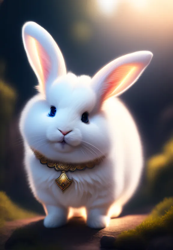 a white rabbit with blue eyes and a gold collar