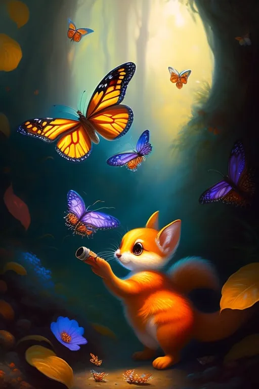 a painting of a fox and butterflies in a forest