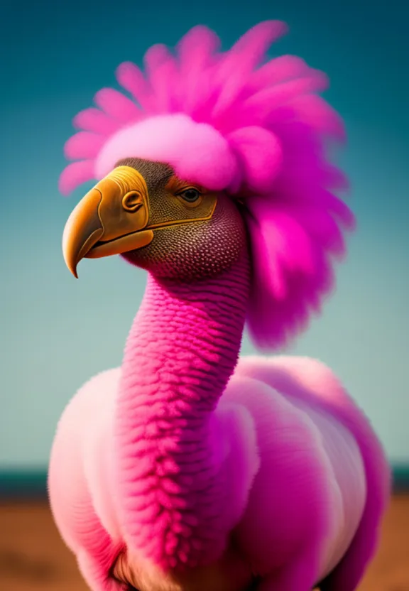 a close up of a pink bird with a blue sky in the background