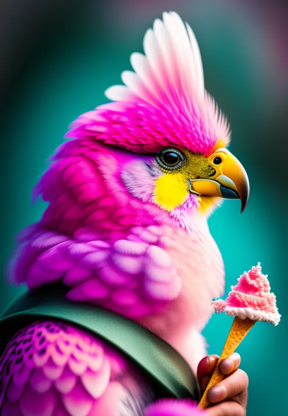 a pink bird with a yellow beak eating an ice cream cone