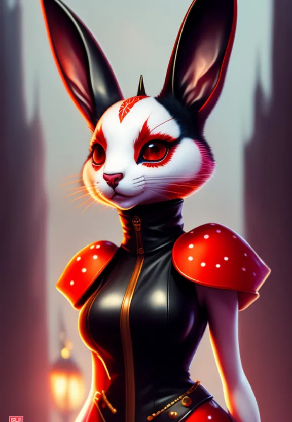 a rabbit dressed in black and red is standing in front of a building