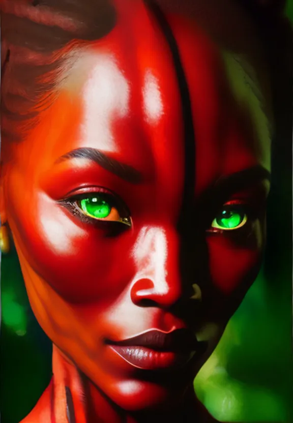 a painting of a woman with green eyes