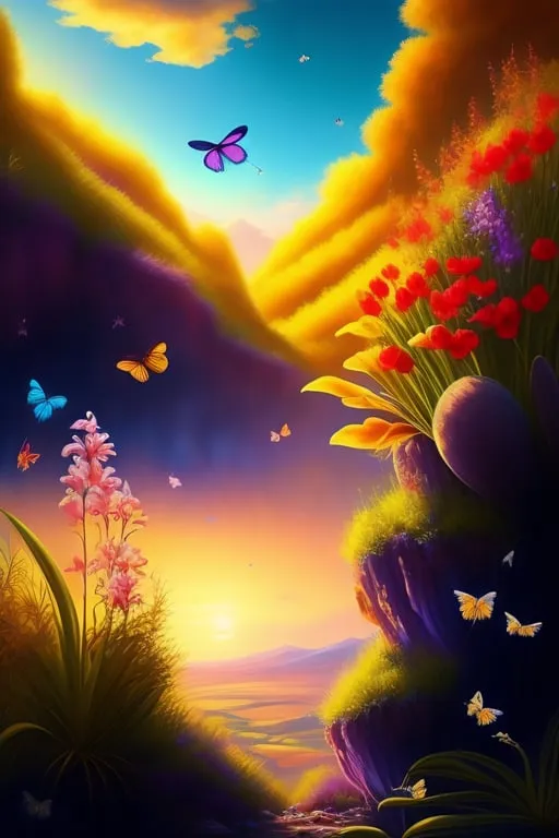 a painting of flowers and butterflies in the sky