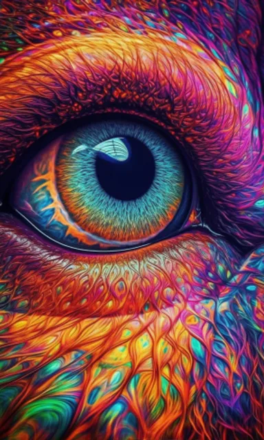 a close up of an animal's eye with bright colors