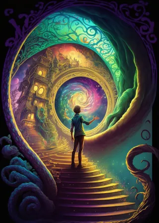 a painting of a person standing in front of a spiral staircase