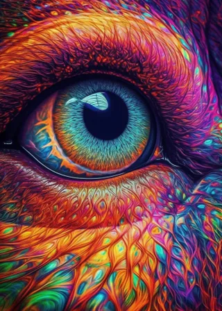 a close up of an animal's eye with bright colors