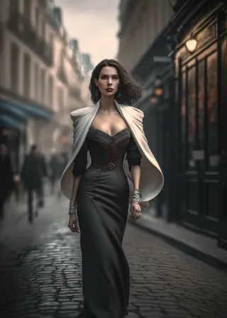 a woman in a black dress walking down a street