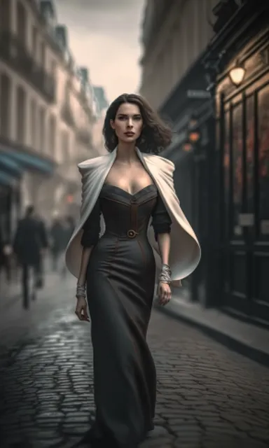 a woman in a black dress walking down a street