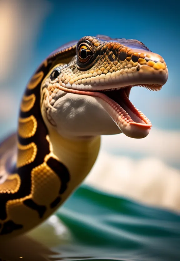 a close up of a snake on a body of water