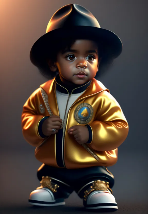 a digital painting of a little boy wearing a gold jacket and a black hat