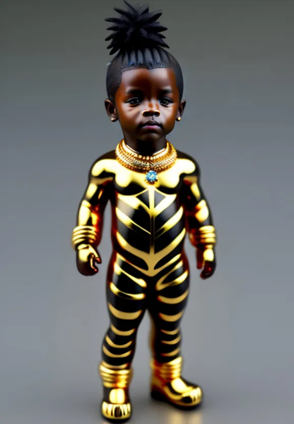 a small child in a gold and black suit