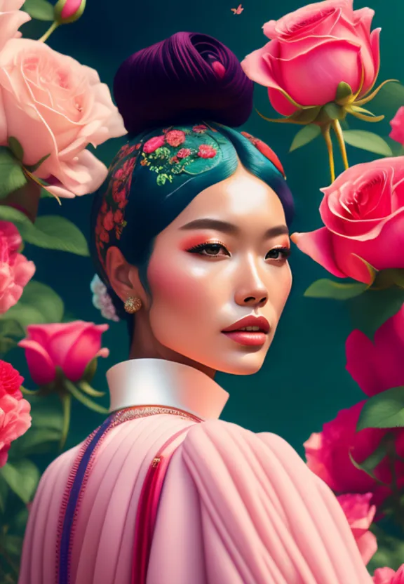 a digital painting of a woman surrounded by roses