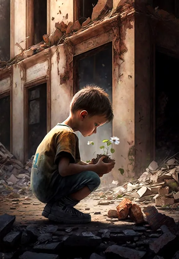 a boy kneeling down in front of a destroyed building