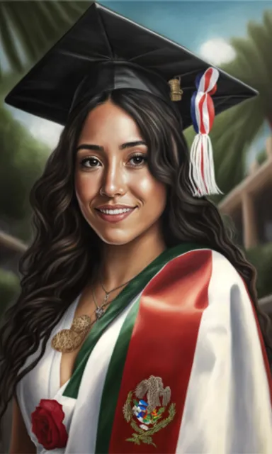 a painting of a woman wearing a graduation cap and gown