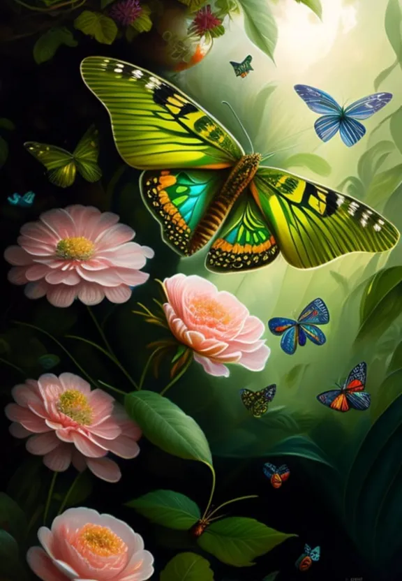 a painting of butterflies flying over flowers