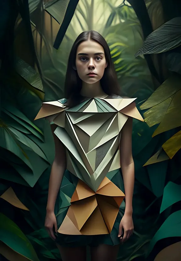 a woman standing in front of a jungle background