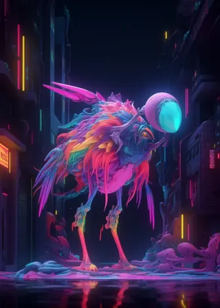 a colorful bird standing in the middle of a city