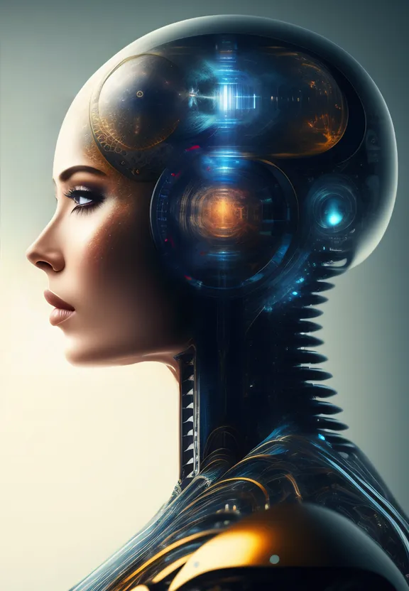 a woman's head with a futuristic headpiece with the technologic circuits inside the head lighting up and pulsing