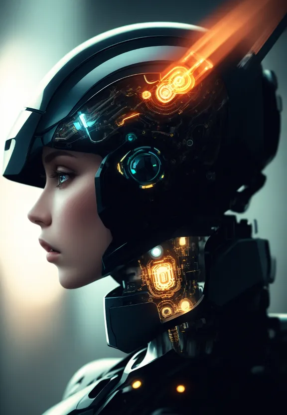 a woman wearing a futuristic helmet with glowing lights