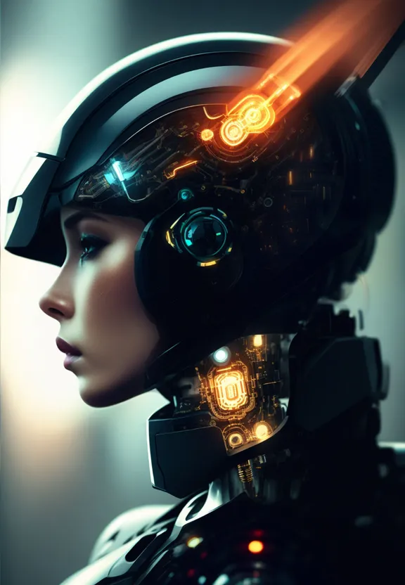 a woman wearing a futuristic helmet with glowing lights