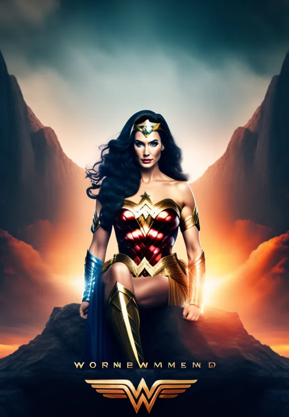 a woman in a wonder costume sitting on top of a mountain
