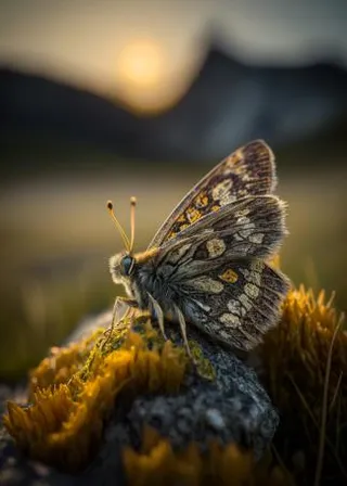 a small brown and white butterfly sitting on a rock