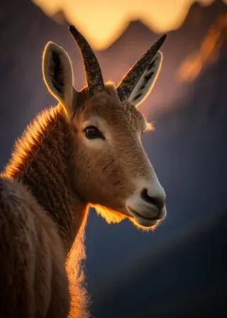 a close up of a goat with a mountain in the background