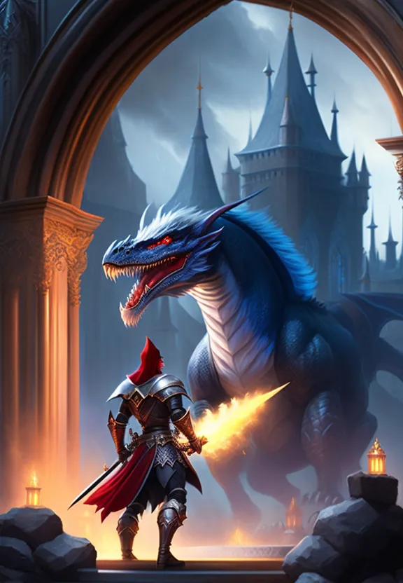 a dragon and a knight in front of a castle