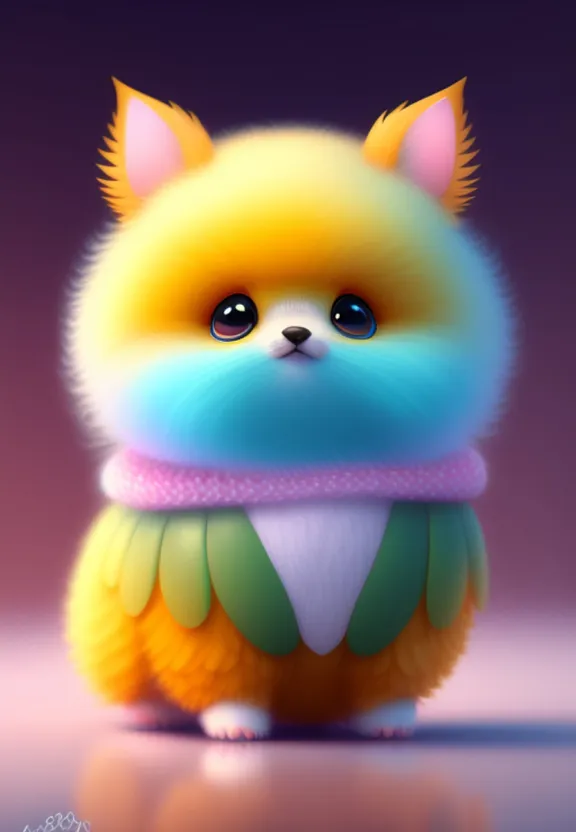 a small yellow and blue animal with a pink collar