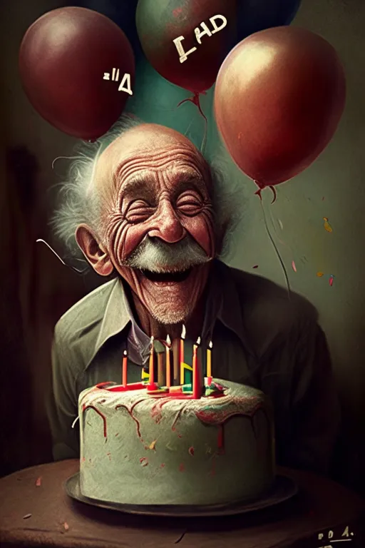 Old Man With Birthday Cake and Balloons in Green  - Old Man Fine Art Print. add a little green to the man's suit