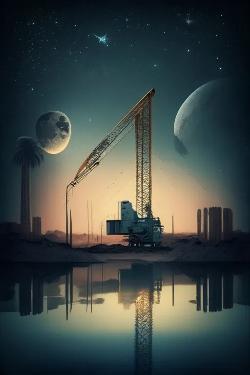 a painting of a crane in the middle of a body of water