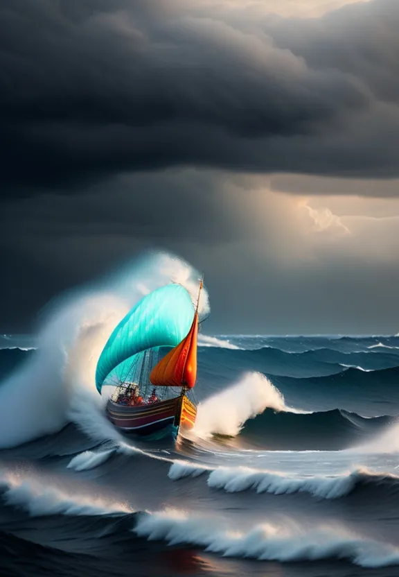 a painting of a sailboat in a rough ocean
