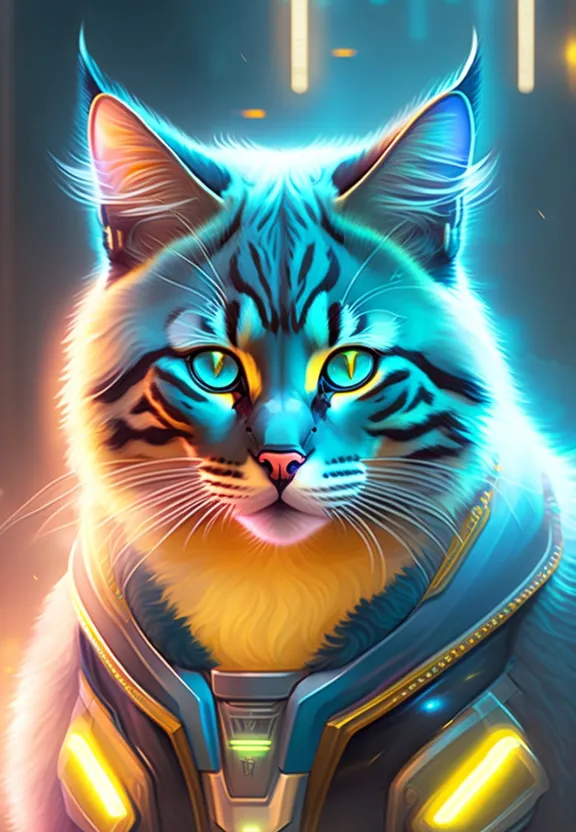 a cat in a space suit with glowing eyes
