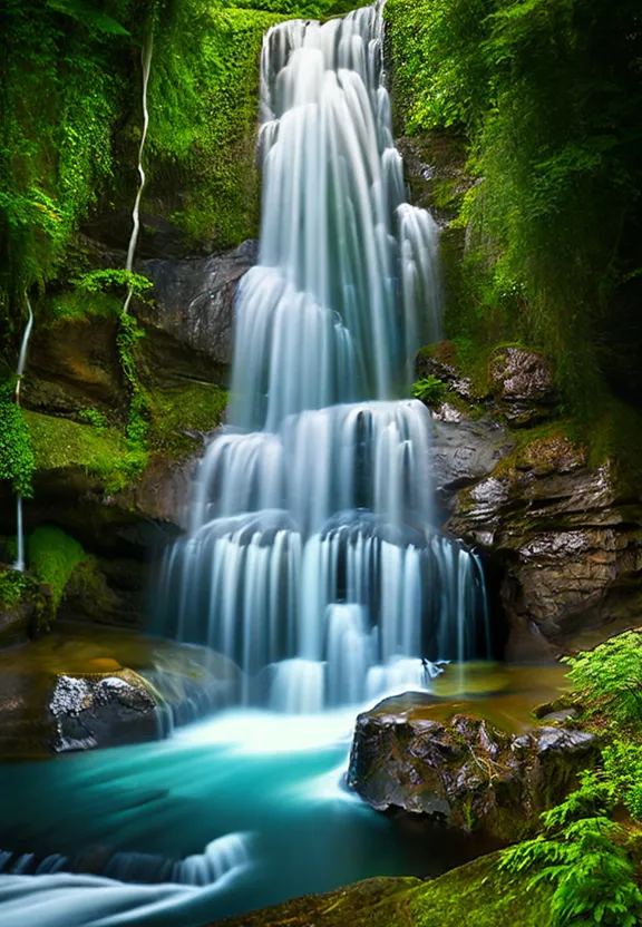 a waterfall in the middle of a lush green forest