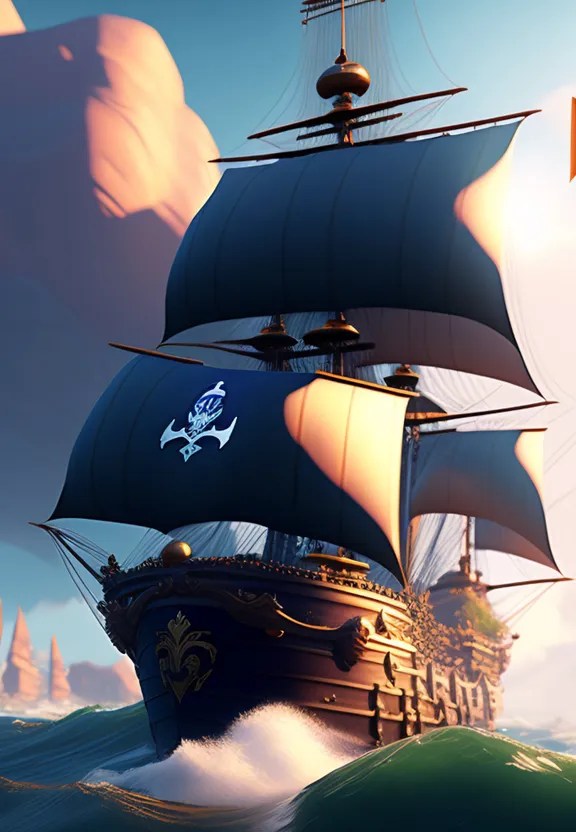 a pirate ship sailing through the ocean on a sunny day