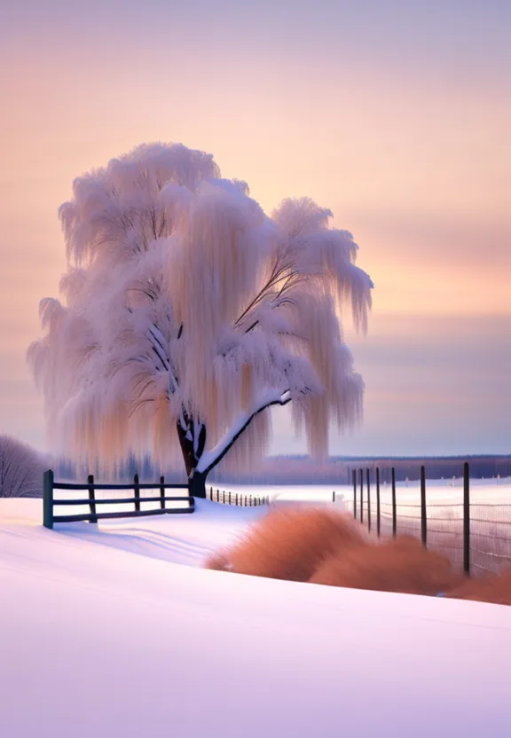 a tree covered in snow next to a fence